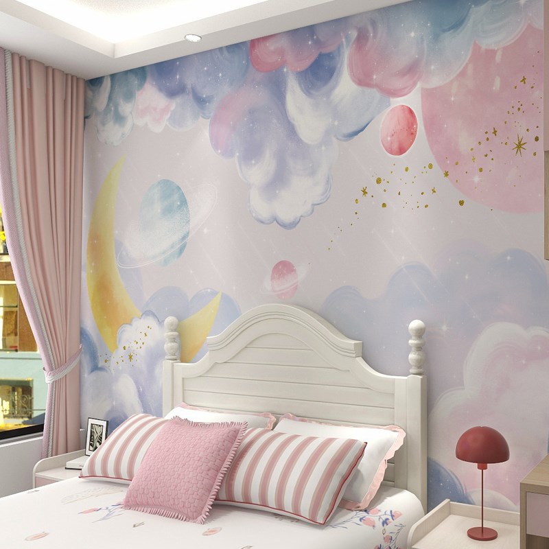 儿童房墙布女孩墙纸卧室梦幻星空壁纸云朵壁画墙壁贴纸壁布背景墙