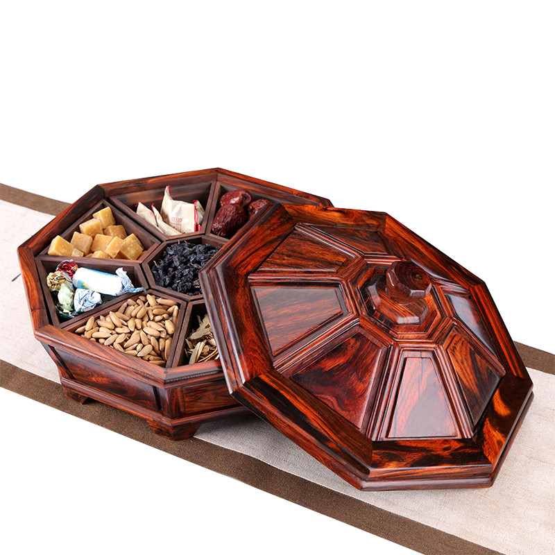 红木干果盘实木分格带盖中式客厅家用瓜子零食糖果盒大红酸枝果盘
