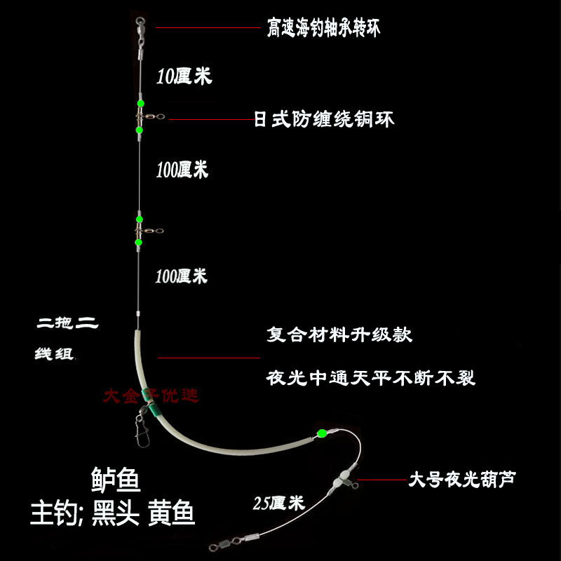 一拖二海钓鲈鱼黄鱼钓组一拖三高速轴承转环防缠绕十九公黑头线组图片
