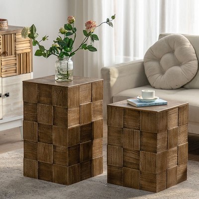 侘寂风复古实木茶几创意收纳角几沙发方形边几民宿摆件树桩小桌子