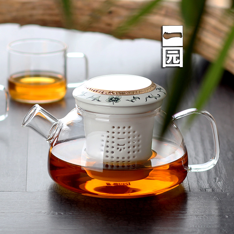 一园茶具耐热玻璃壶泡茶壶花茶壶带盖过滤红茶壶创意透明富贵金莲