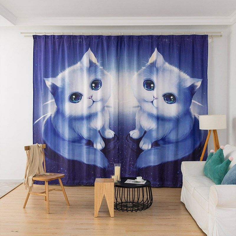卡通可爱动物猫咪儿童房卧室隔断飘窗书房餐厅个性创意遮光窗帘布