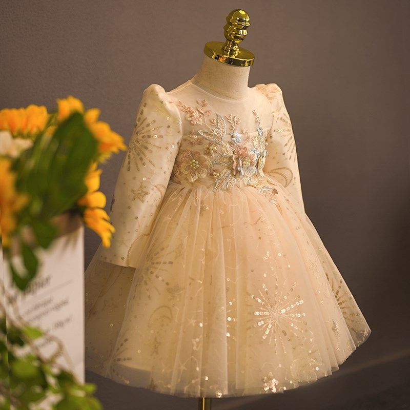 幼儿周岁小礼服女宝宝香槟色女童抓周公主裙花童主持高端长袖洋气