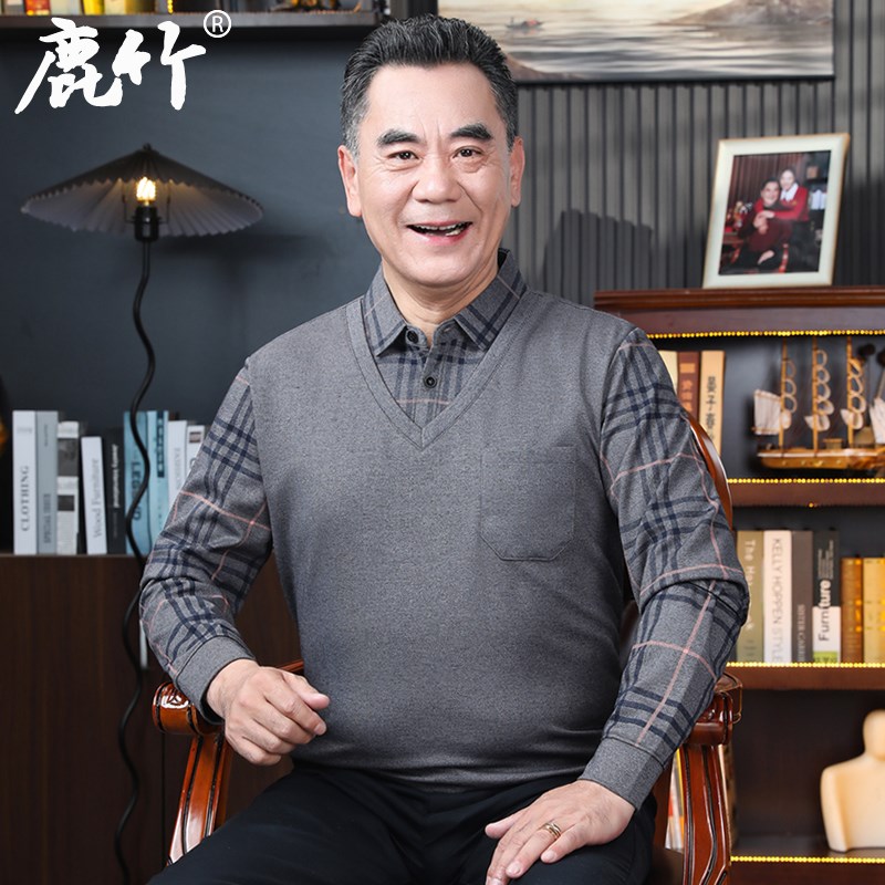 中年男士假两件打底衫40岁50爸爸春装长袖t恤中老年爷爷春季上衣