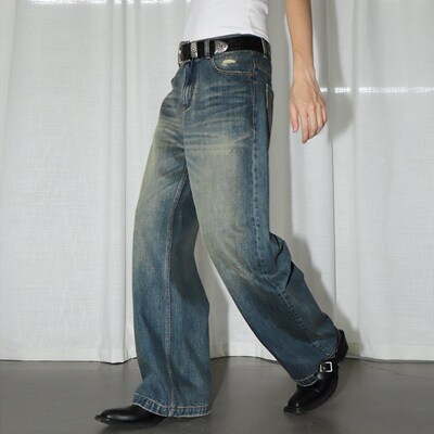 LEONSENSE力上司 新款纯棉复古怀旧水洗中性风A型牛仔裤长裤百搭