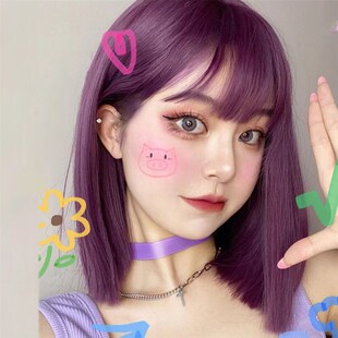 一刀切锁骨发假发紫色全头套女中长短直发彩色lolita整顶主播发型
