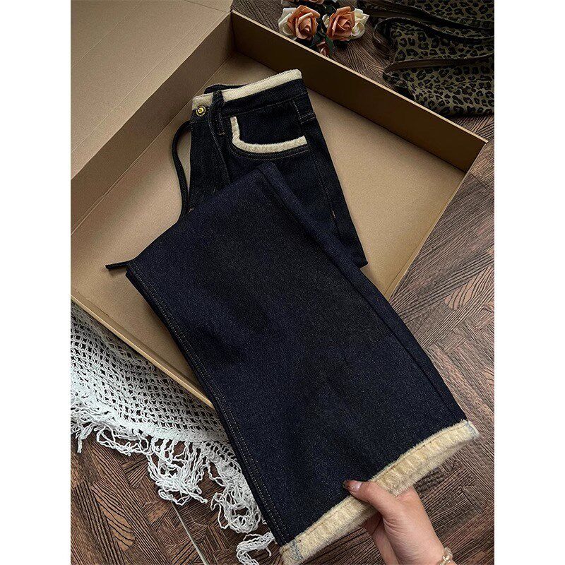 加绒加厚深蓝色直筒牛仔裤女冬季大码胖妹妹mm高腰宽松显瘦阔腿裤