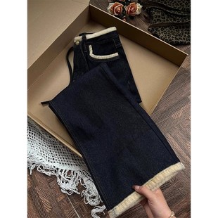 加绒加厚深蓝色直筒牛仔裤女冬季大码胖妹妹mm高腰宽松显瘦阔腿裤