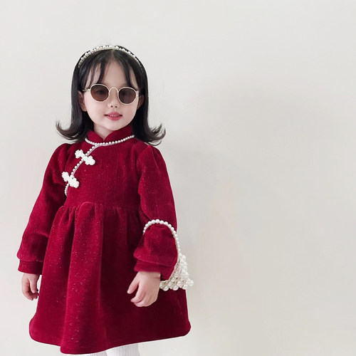 女童连衣裙冬公主裙儿童裙子加绒新年装宝宝周岁礼服红色冬裙旗袍