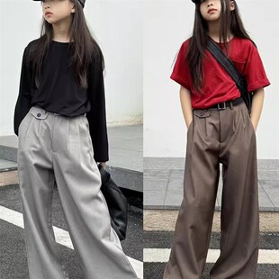 豆丁奇遇儿童春夏口袋设计感棕色西装裤子直筒阔腿长裤大童男女童