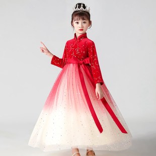 女童旗袍公主裙冬季走秀表演古筝演出服儿童主持人中国风礼服秋冬
