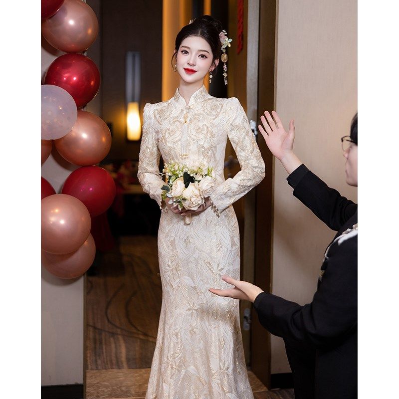 香槟色鱼尾晚礼服女高级感秋冬订婚衣服新中式敬酒服新娘结婚旗袍