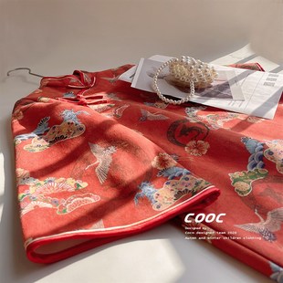 女童2022年秋冬季红色长袖旗袍加绒汉服儿童鹿皮绒中国风连衣裙