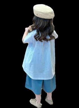 夏日海边全棉蓝色条纹阔版连衣裙蓝色阔腿裤叠穿童装套装女童春装