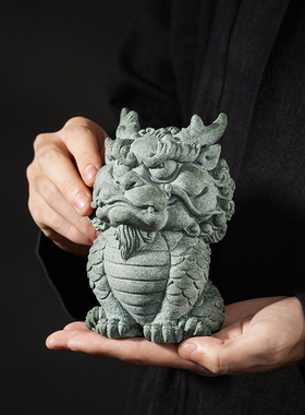 青砂石鱼缸造景新中式瑞兽麒麟家居创意国潮精品茶宠摆件装饰品