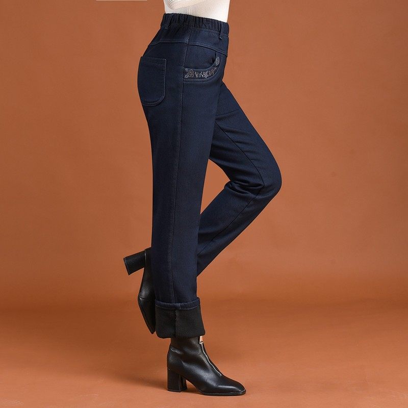 冬季中老年棉裤女松紧腰弹力加绒加厚牛仔裤直筒裤高腰大码休闲裤