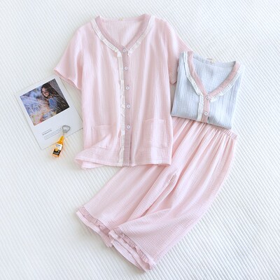 新款睡衣女春夏季纯棉纱布双层绉布薄款无领短袖七分裤家居服套装