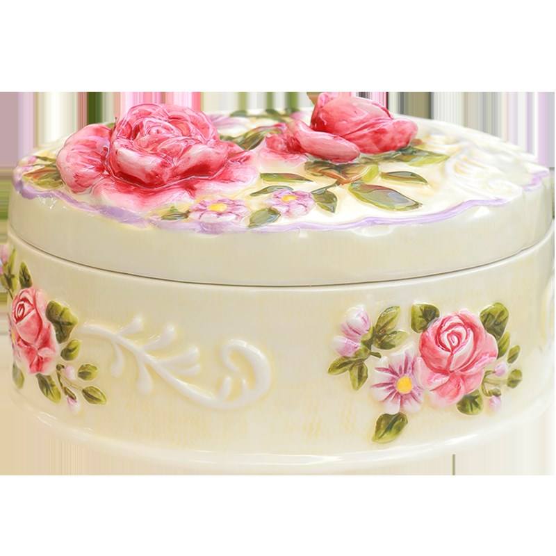 陶瓷柔情玫瑰古典首饰盒心形爱心圆形新婚带盖收纳盒粉盒珠宝盒