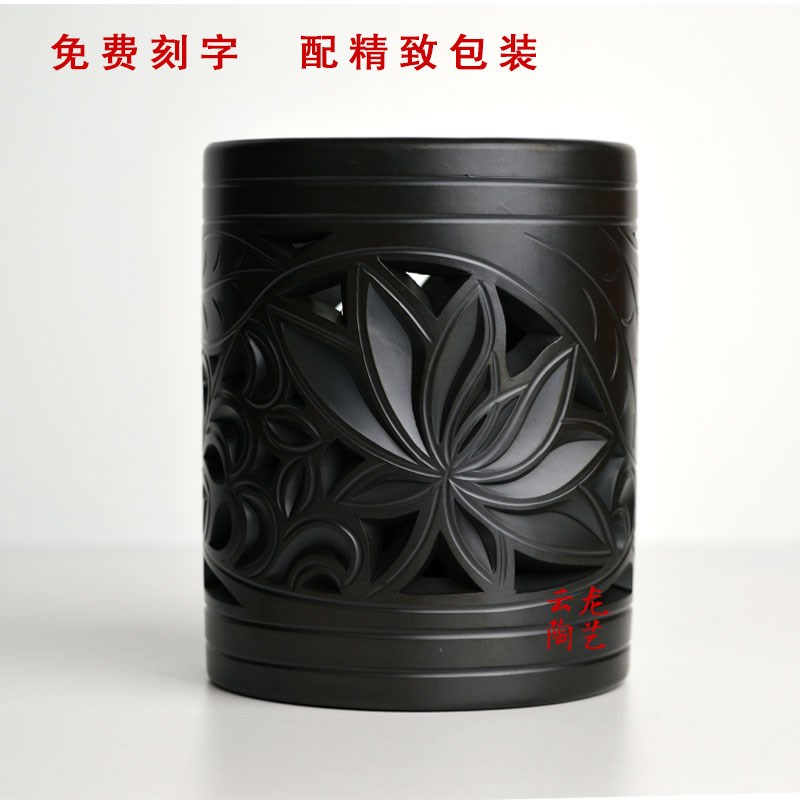 黑陶纯手工雕刻办公室用品创意陶瓷节日礼品菊花笔筒套装定制刻字