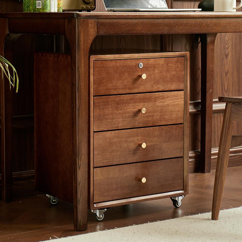 全实木文件柜可移动黑胡桃色储物边柜家用书桌下带锁抽屉式收纳柜