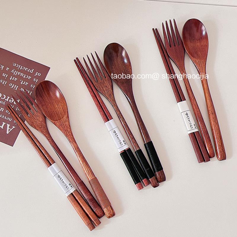 ins韩国实木质长柄木头叉勺筷子餐具套装吃饭调羹家用汤勺蜂蜜勺