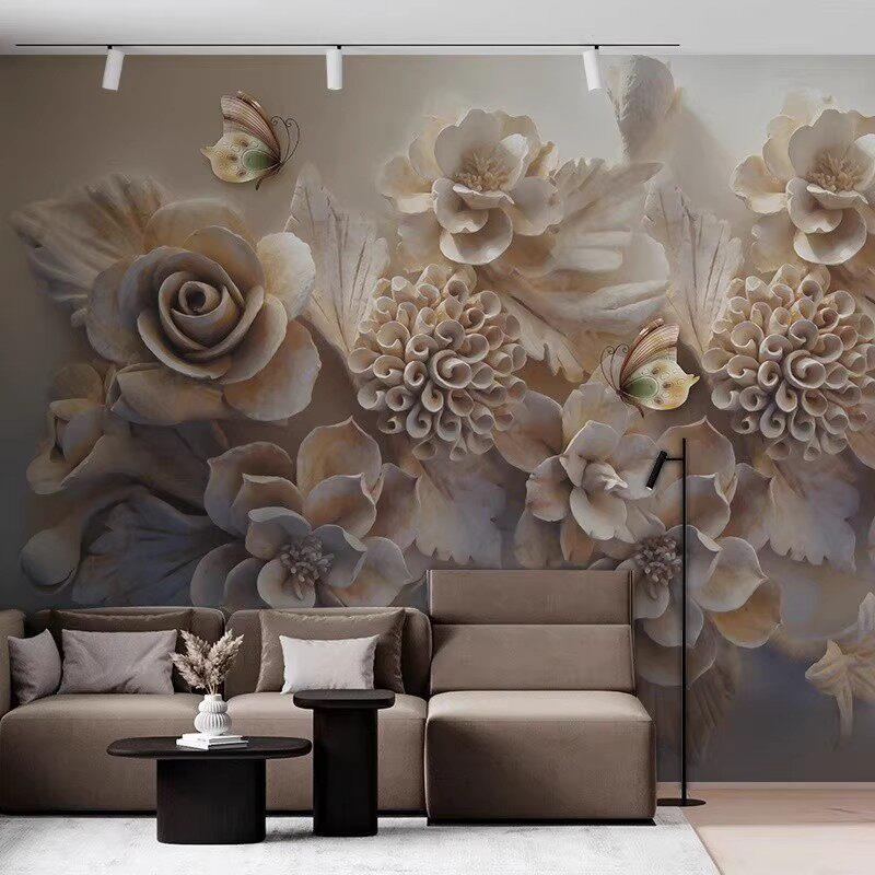 8D立体浮雕壁画电视背景墙壁纸3d现代简约客厅5d无缝花卉墙布