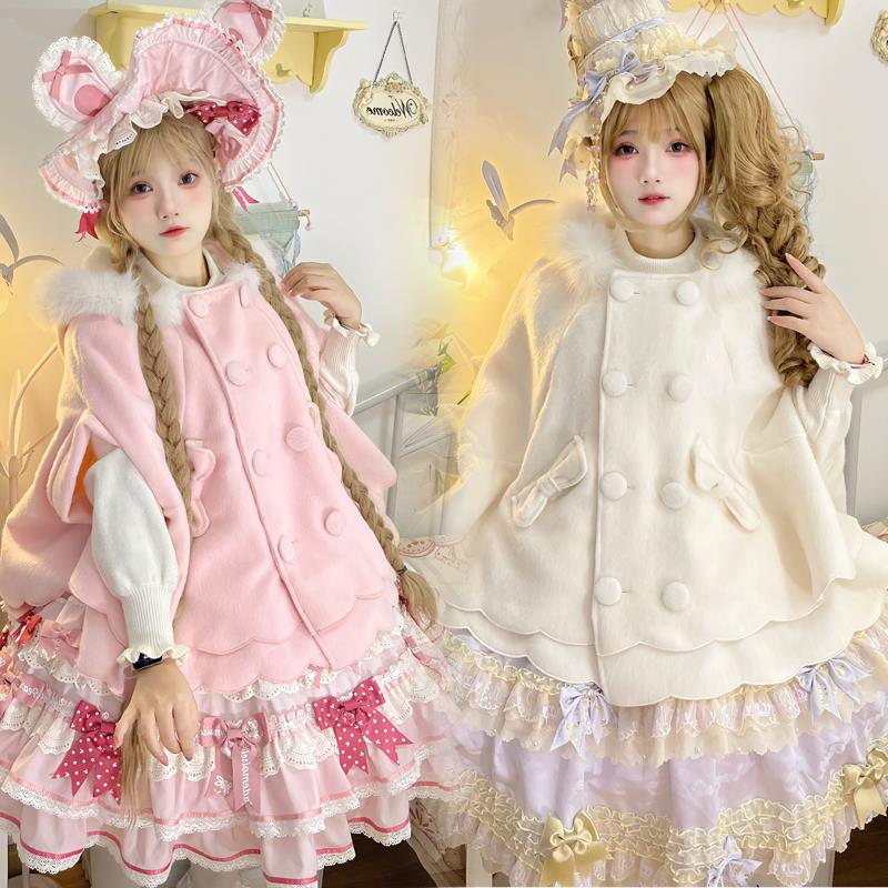 原创设计lolita保暖毛呢蝙蝠袖大衣公主甜美可爱毛绒斗篷lo外套