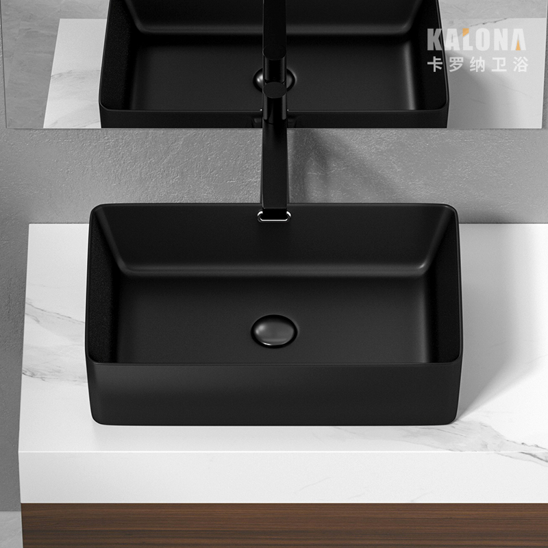 黑色方形薄边台上盆 陶瓷洗漱盆 浴室卫生间 带溢水口 加高不溅水