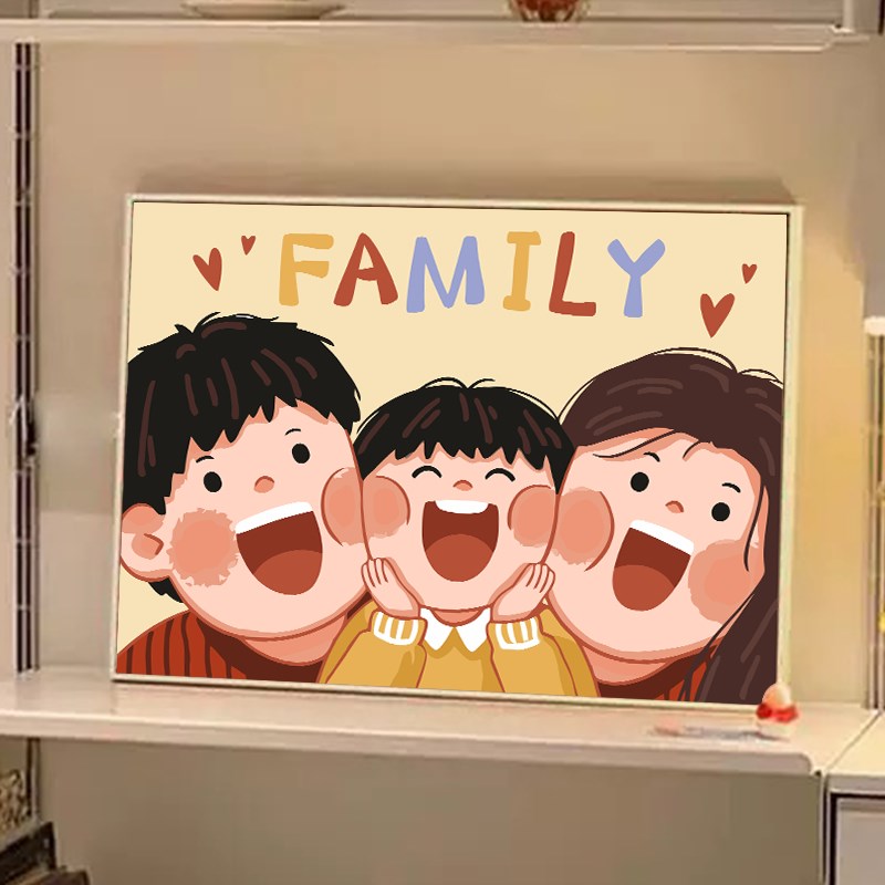 可爱全家福数字油画diy填充色手工绘一家三四口定制丙烯画装饰画图片