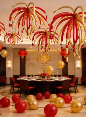 2026新年烟花气球红色长条造型烟火立柱装饰场景布置元旦年会商场