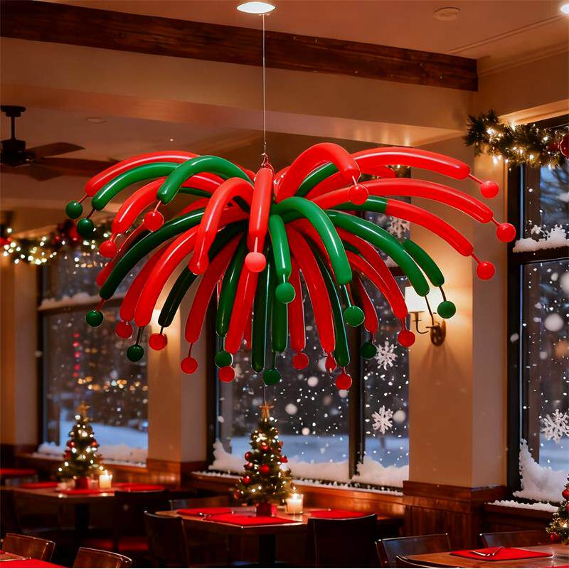 圣诞节墨绿红色长条烟花气球餐厅商场店铺氛围布置拍照打卡装饰品