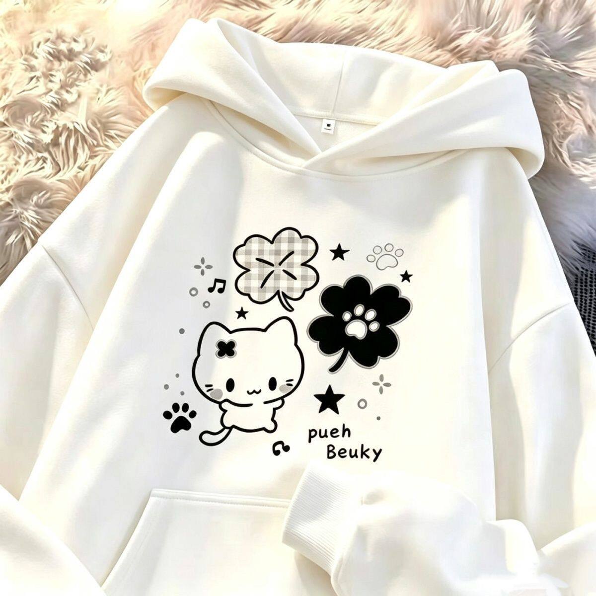 男女童秋冬日系猫咪连帽卫衣中大童可爱初中生慵懒风加绒帽衫上衣