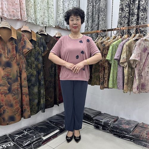 妈妈夏季圆领休闲运动套装女短袖铜氨丝宽松奶奶两件套舒适跑步裤