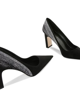 春秋新款黑色粗跟高跟鞋女尖头小码32职业N工作鞋磨砂绒面浅口单