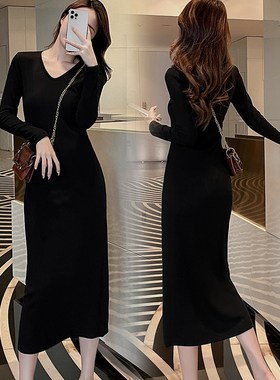 早秋针织连衣裙女2l024春秋新款显瘦V领内搭裙黑色长袖气质打底裙