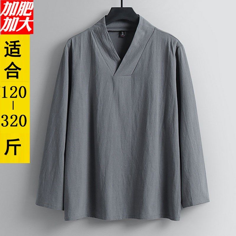 中国风大码男装棉麻长袖t恤加肥加大汉服复古禅修打底衫V领上衣潮,男装,汉服,淘宝优惠券,粉丝福利购,淘宝优惠卷