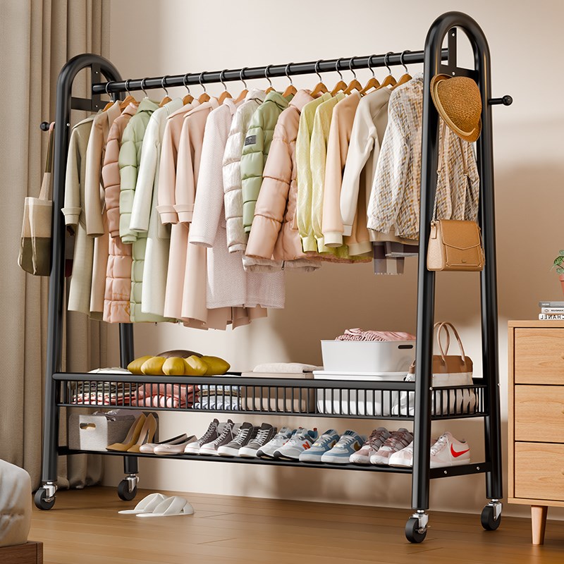 简易晾衣架落地卧室可移动双杆衣帽架家用室内置物收纳挂衣服架子