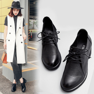 深口系带粗跟女单鞋 透气镂空洞洞女鞋 真皮中跟女士小皮鞋 2020春季