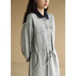 天然出品  两色卫衣长裙牛仔拼接翻领长袖连衣裙收腰女秋季Q.A568