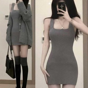 短款灰色针织吊带裙女秋冬2024新款纯J欲高冷御姐风包臀连衣裙套