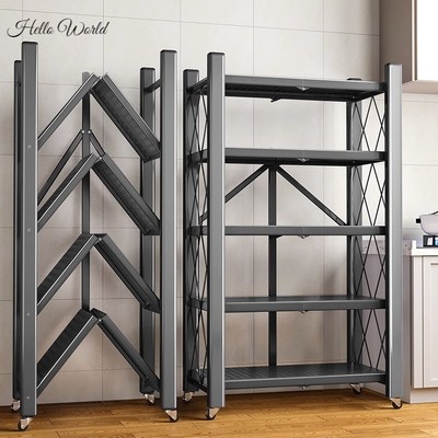 。免安装厨房折叠置物架落地多层家用货架储物架多功能微波炉收纳