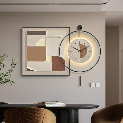 现代简约餐厅装饰画抽象几何饭厅钟表时钟挂画高档餐桌背景墙壁画