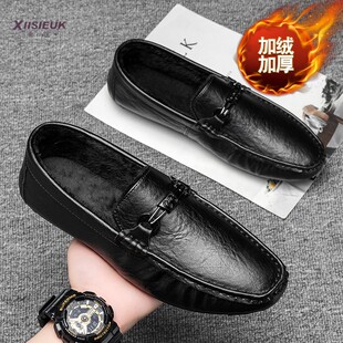 冬季2024新款加绒豆豆鞋男韩版潮流无鞋带休闲运动二棉鞋软底皮鞋