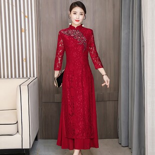 妈妈长袖婚礼服改良旗袍秋季女202E1新款喜婆婆婚宴红色蕾丝连衣