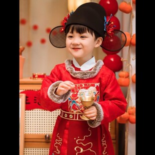 男童汉服长袍唐装冬款宋制龙年宝宝喜庆生M日状元服儿童红色拜年