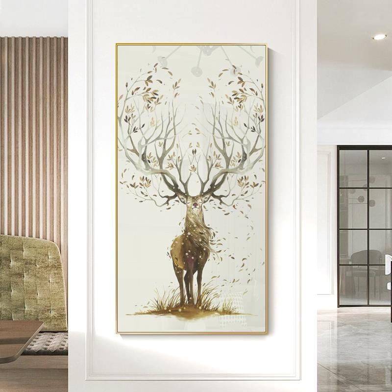 入户玄关装饰画竖版晶瓷画新w中式麋鹿挂画过道楼梯走廊发财鹿壁图片