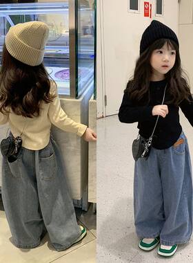 中小童春秋女童套装女包韩版内搭衣女孩休闲阔腿牛仔裤辣妹两件套