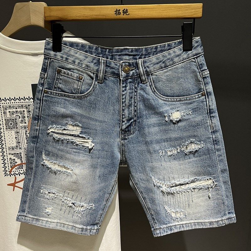 夏季潮牌破洞水洗美式牛仔短裤男百搭修身弹力五分裤户外休闲中裤,男装,短裤,淘宝优惠券,粉丝福利购,淘宝优惠卷