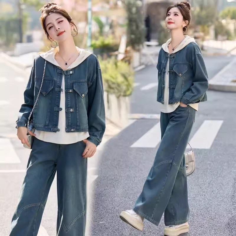 新中式牛仔套装女阔腿裤春秋季2024年新款长袖短款外套长裤两件套