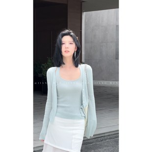 薄荷绿色上衣曼波风开衫浅绿色针织衫两件套装吊带背心罩衫薄款春